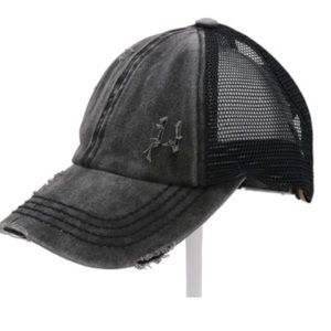 C.C. Beanie criss cross cap for pony tails on-the-go. Adjustable Velcro strap